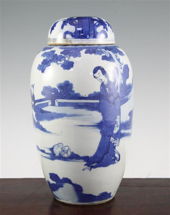 A Chinese blue and white ovoid jar, 19th century, 27cm, associated cover